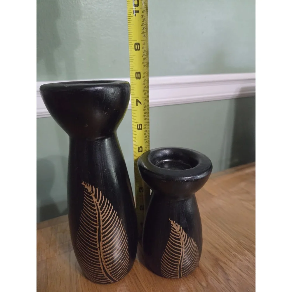 Vintage Ceramic Black/Gold Candle Holder Set 7.5